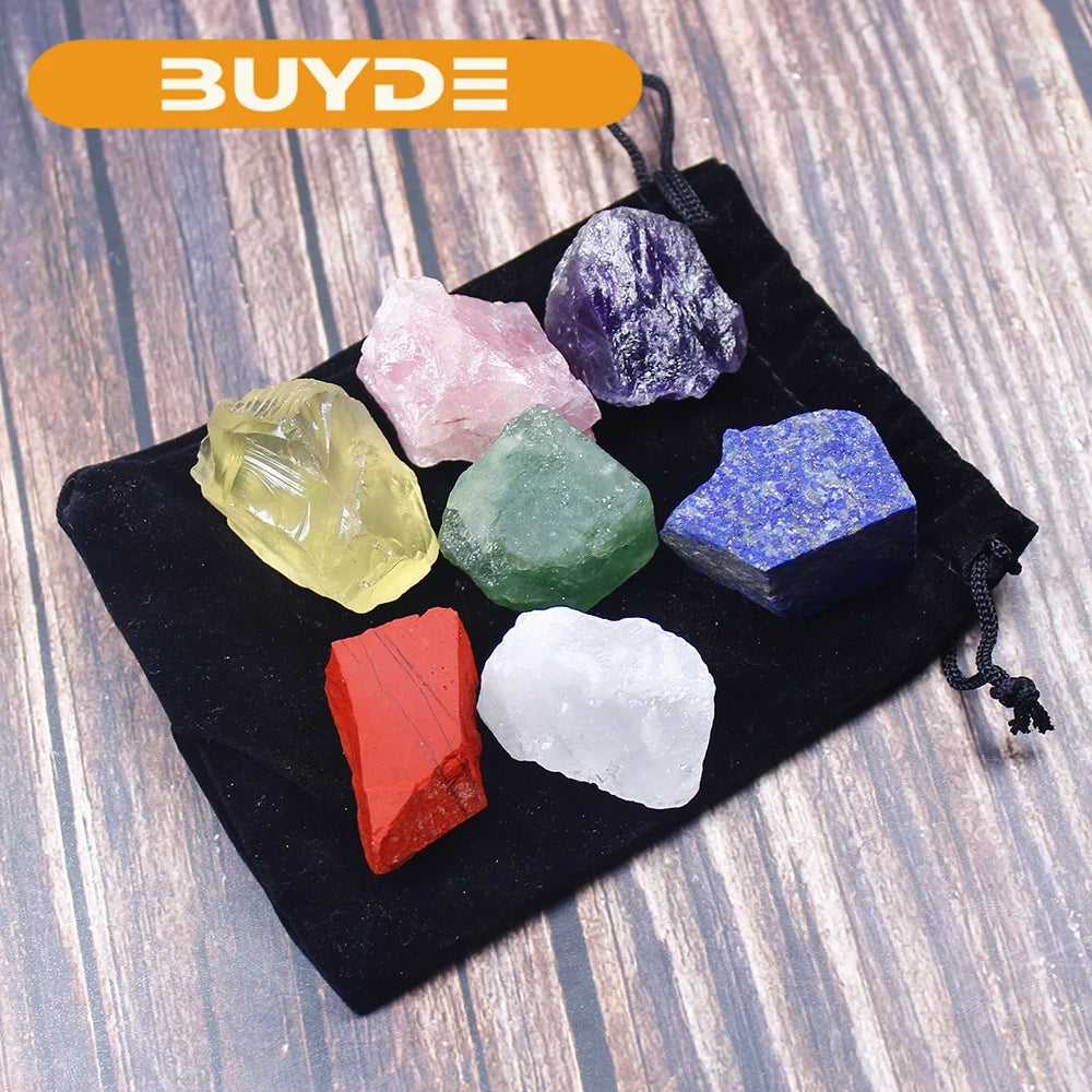 1 set Natural crystal stone seven chakras Black cloth bag large grain unpolished collection gift