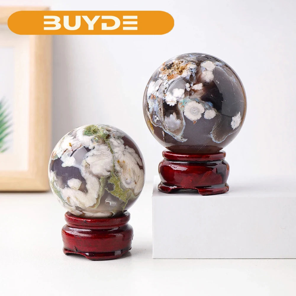 1PC Natural Crystal Stone Black Cherry Blossom Agate Crystal Sphere Energy Ball Home Decoration