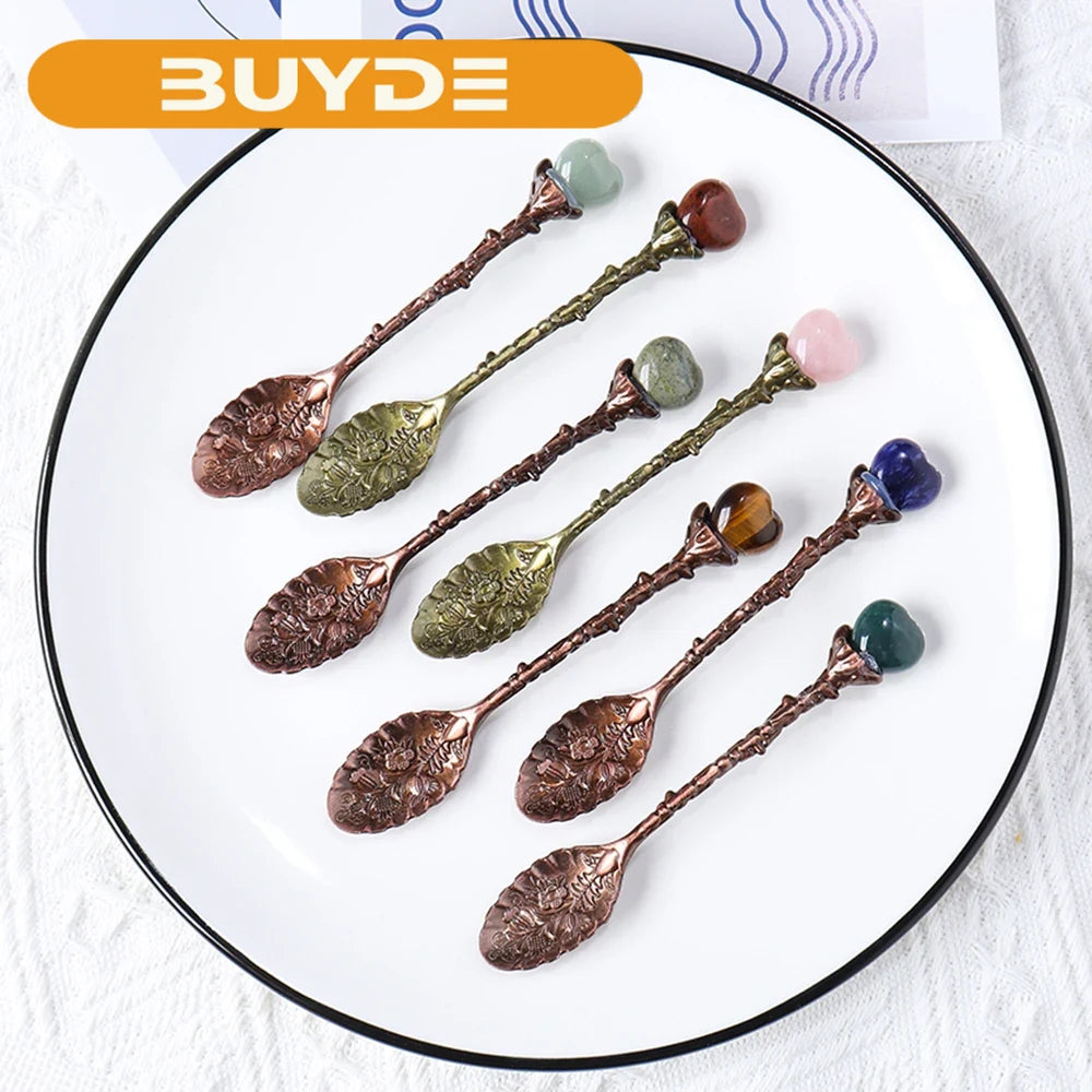 10pc/set Candy Spoon Set Natural Amethyst Heart Teaspoon Health Gem Decorated Aura Crystal Gift