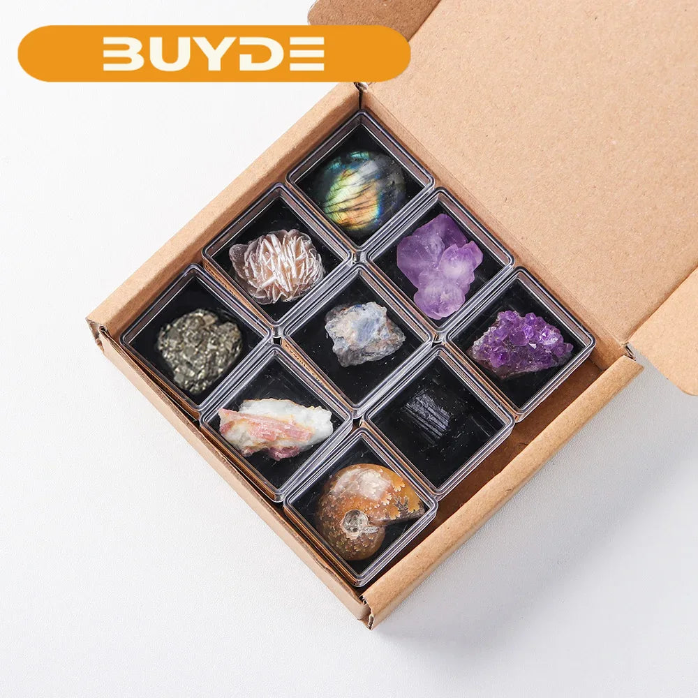 9PCS/SET Natural Crystal Rough Quartz Amethyst cluster Health energy stone mineral specimen collection gift box