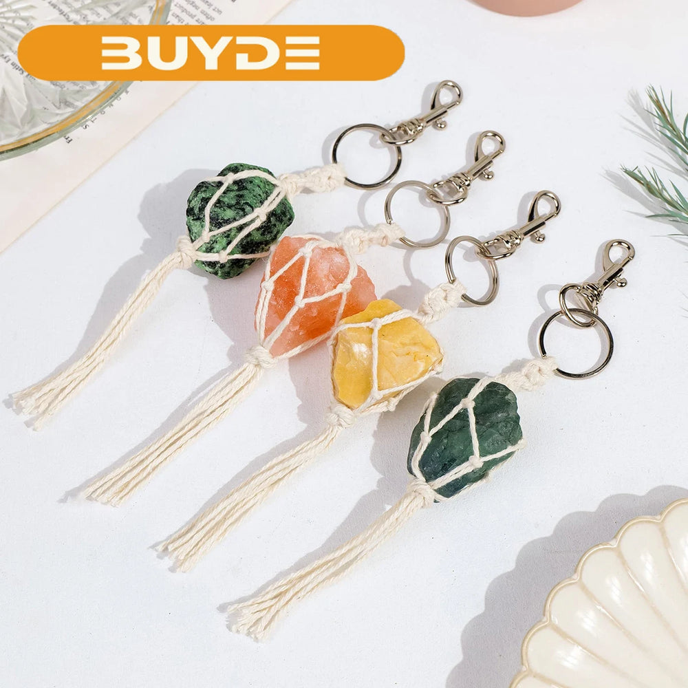 1PC Natural Crystal Raw Gemstone Hand Knitting String Bag Pendant Keychain Car Key Holder Raw Mineral Stone KeyRing Jewelry