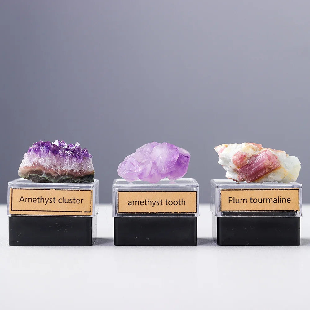 9PCS/SET Natural Crystal Rough Quartz Amethyst cluster Health energy stone mineral specimen collection gift box