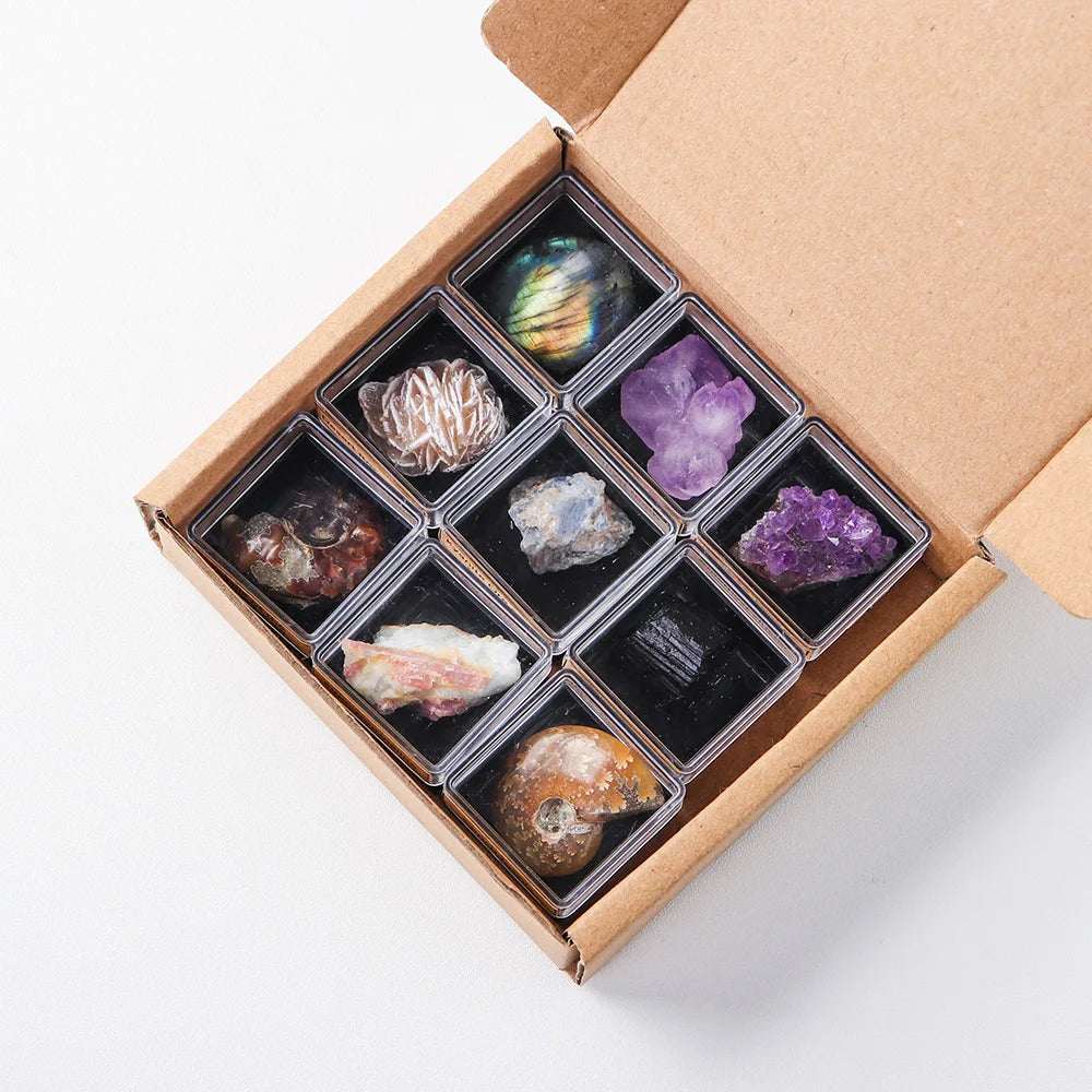 9PCS/SET Natural Crystal Rough Quartz Amethyst cluster Health energy stone mineral specimen collection gift box