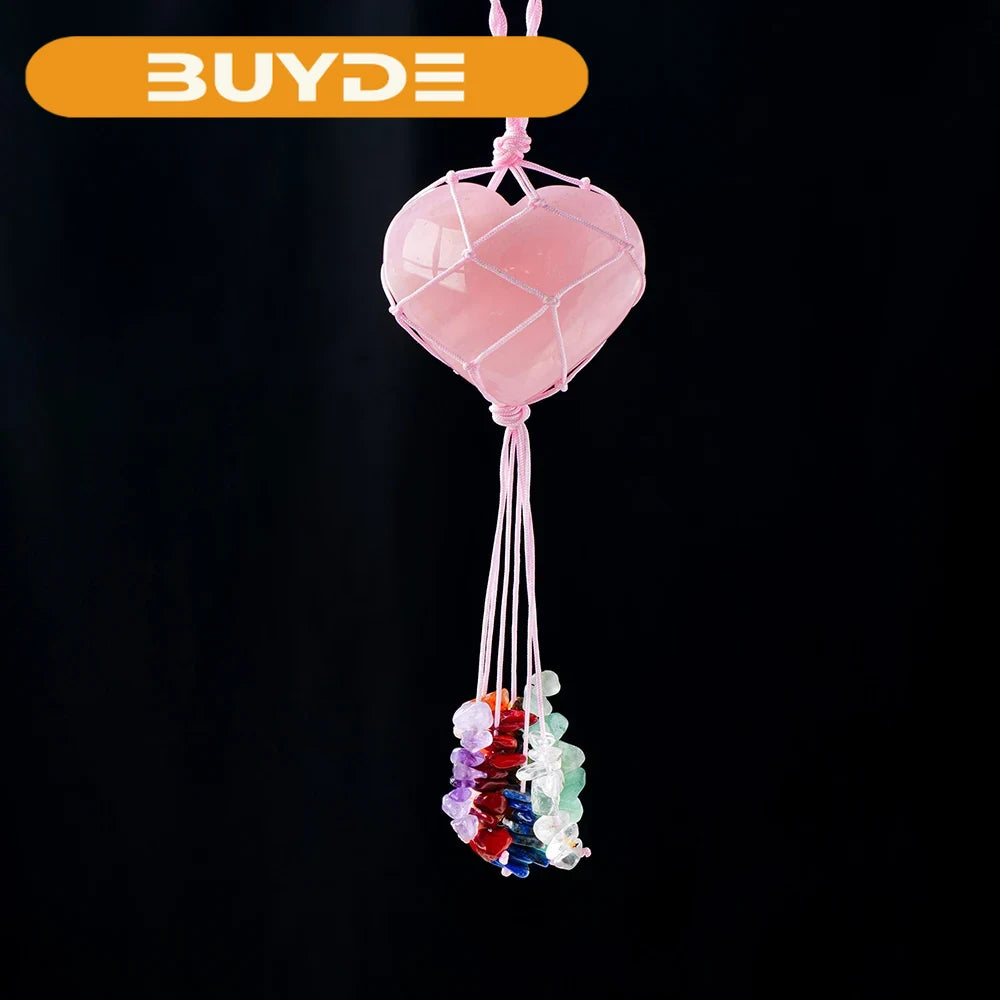 1PC Natural Rose Quartz Reiki Crystal Heart Shape Pendant Crystals Hanging Ornament for Car & Home Deco Yoga Meditation