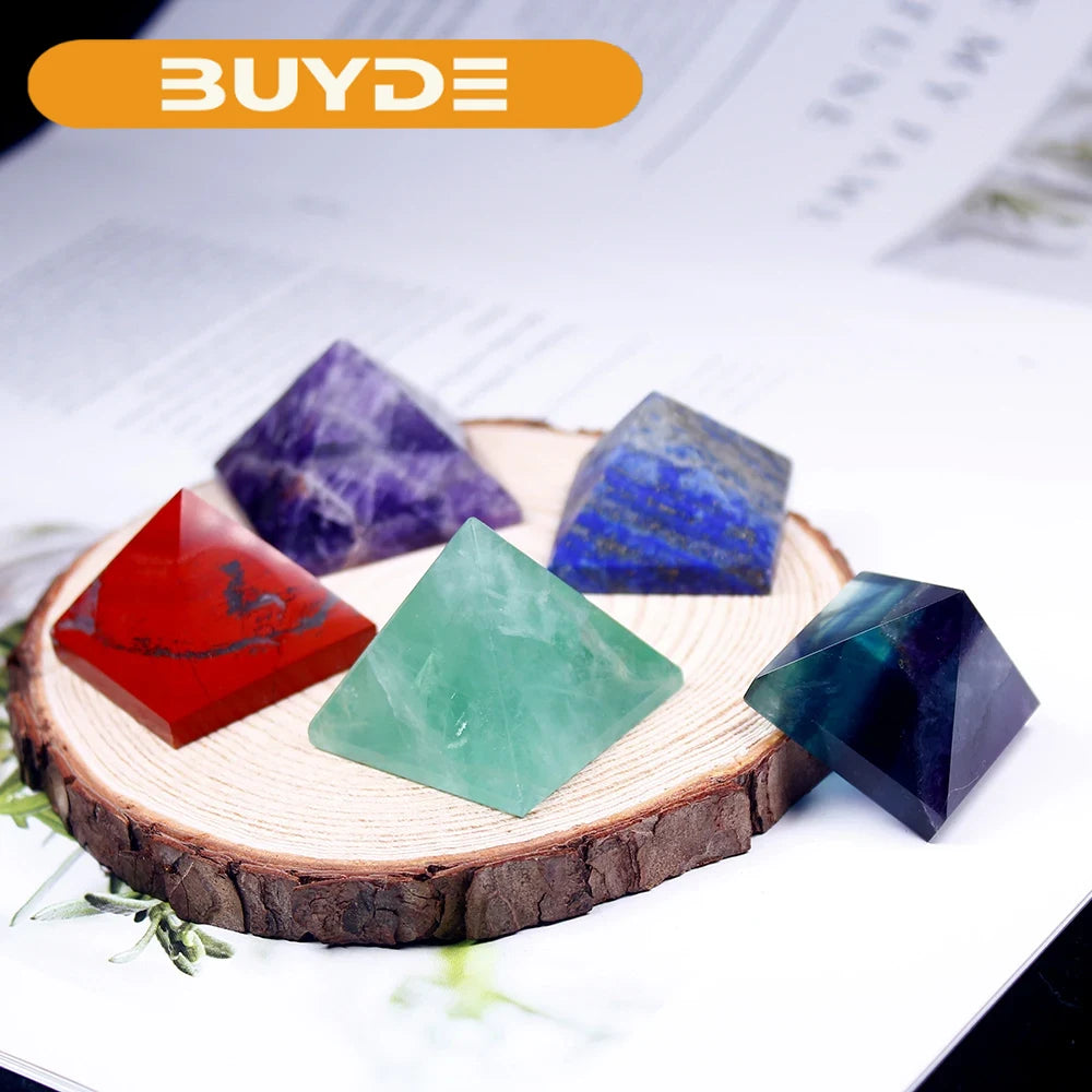 28-32mm Natural Crystal Pyramid Healing Crystal Crafts Rose Quartz Chakra Reiki Crystal Rainbow Fluorite Home Decor Point