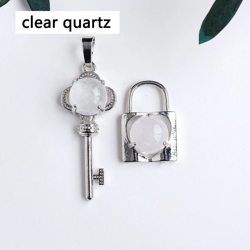 A Couple Lovers Jewelry  Natural Crystal Gemstone Rose Quartz Amethyst Key Lock Chain Couple Necklace