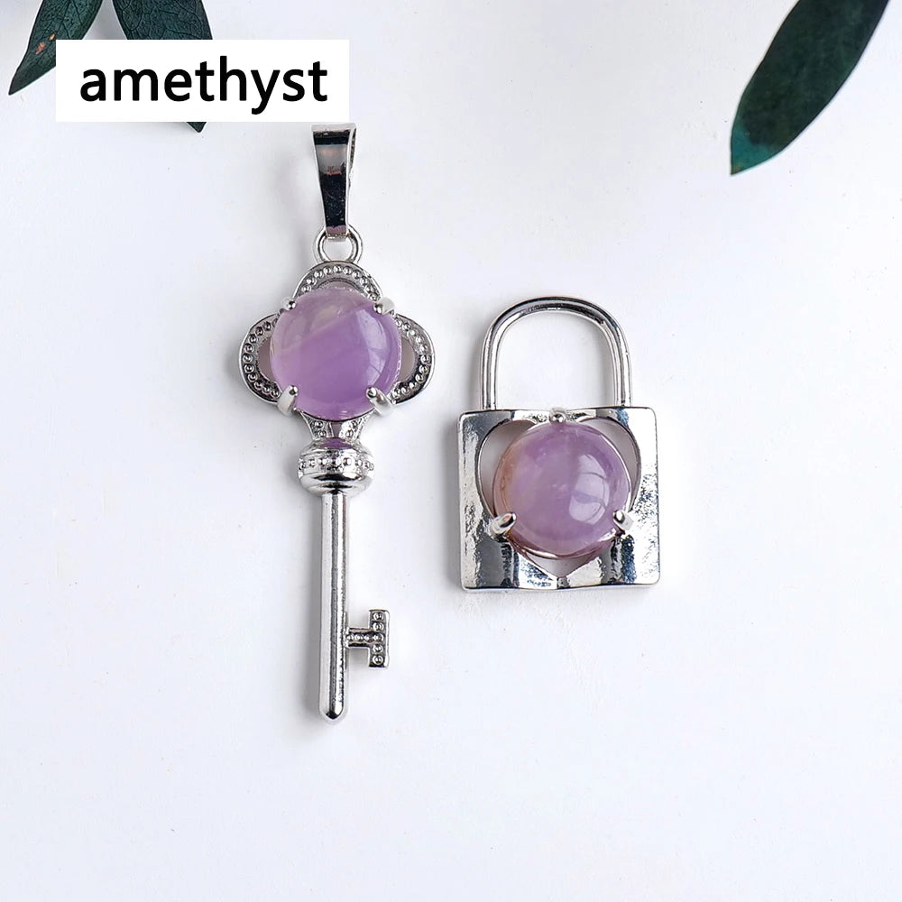 A Couple Lovers Jewelry  Natural Crystal Gemstone Rose Quartz Amethyst Key Lock Chain Couple Necklace