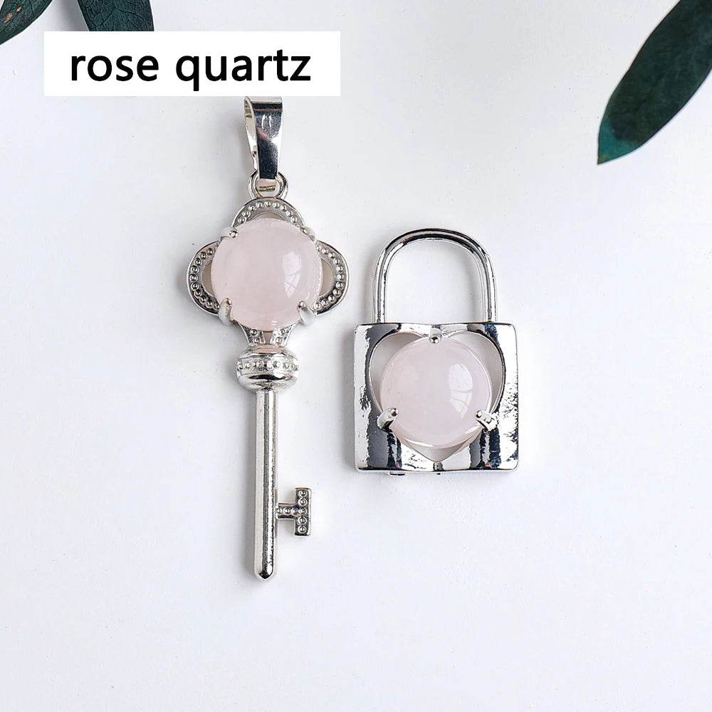 A Couple Lovers Jewelry  Natural Crystal Gemstone Rose Quartz Amethyst Key Lock Chain Couple Necklace