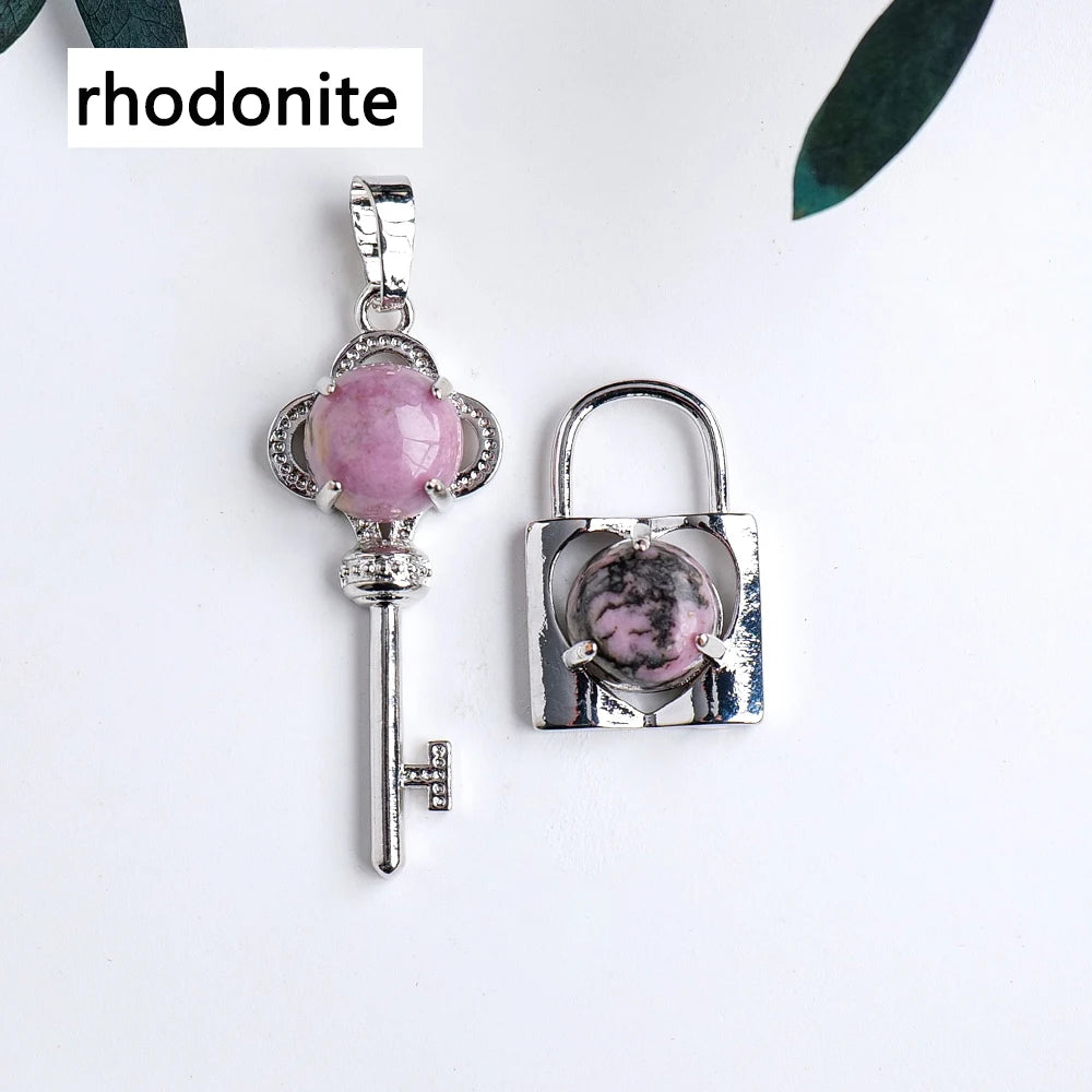 A Couple Lovers Jewelry  Natural Crystal Gemstone Rose Quartz Amethyst Key Lock Chain Couple Necklace