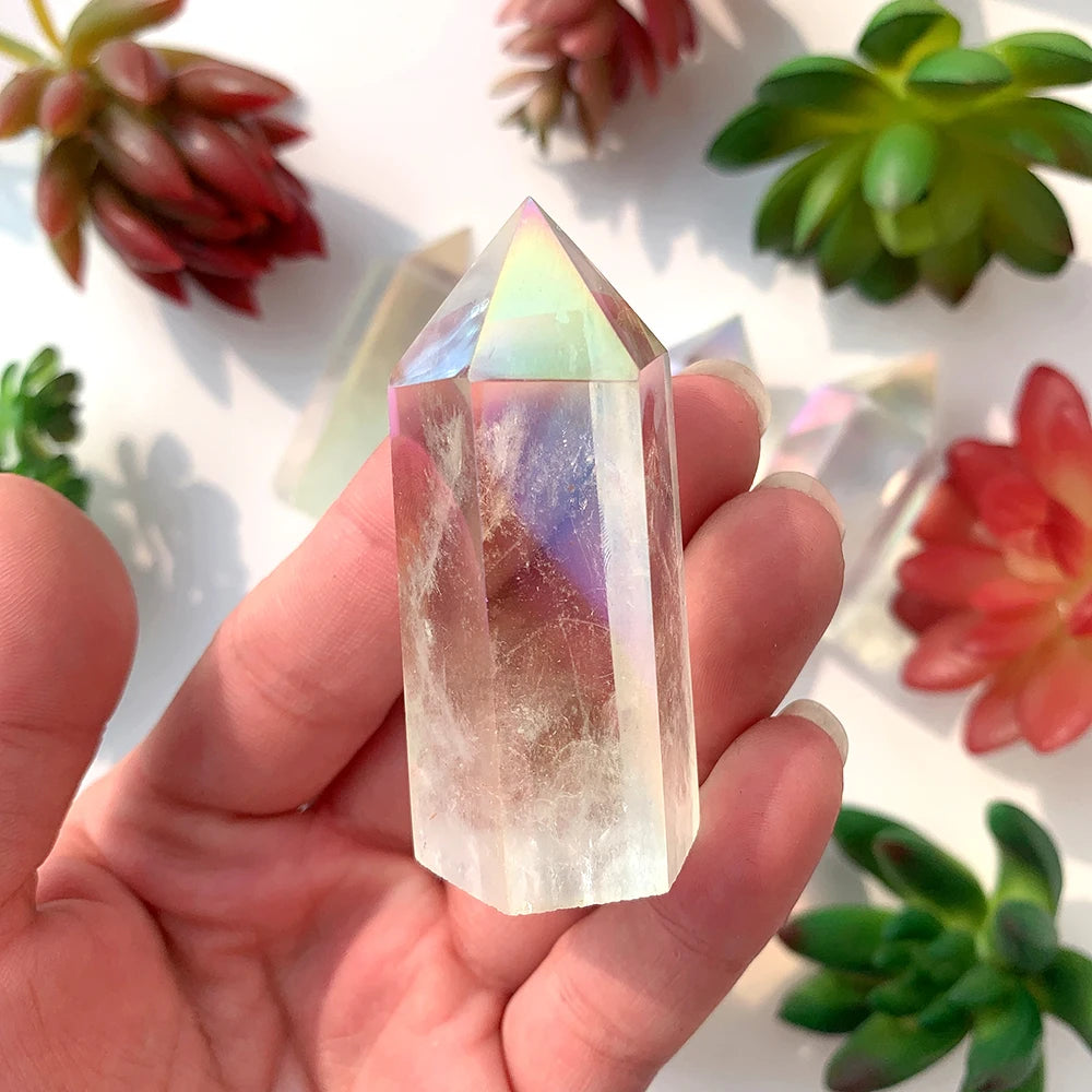 Angel Aura Gemstone Natural Clear Quartz Point Ornament Healing Decoration Energy Crystal Wand Christmas Gift