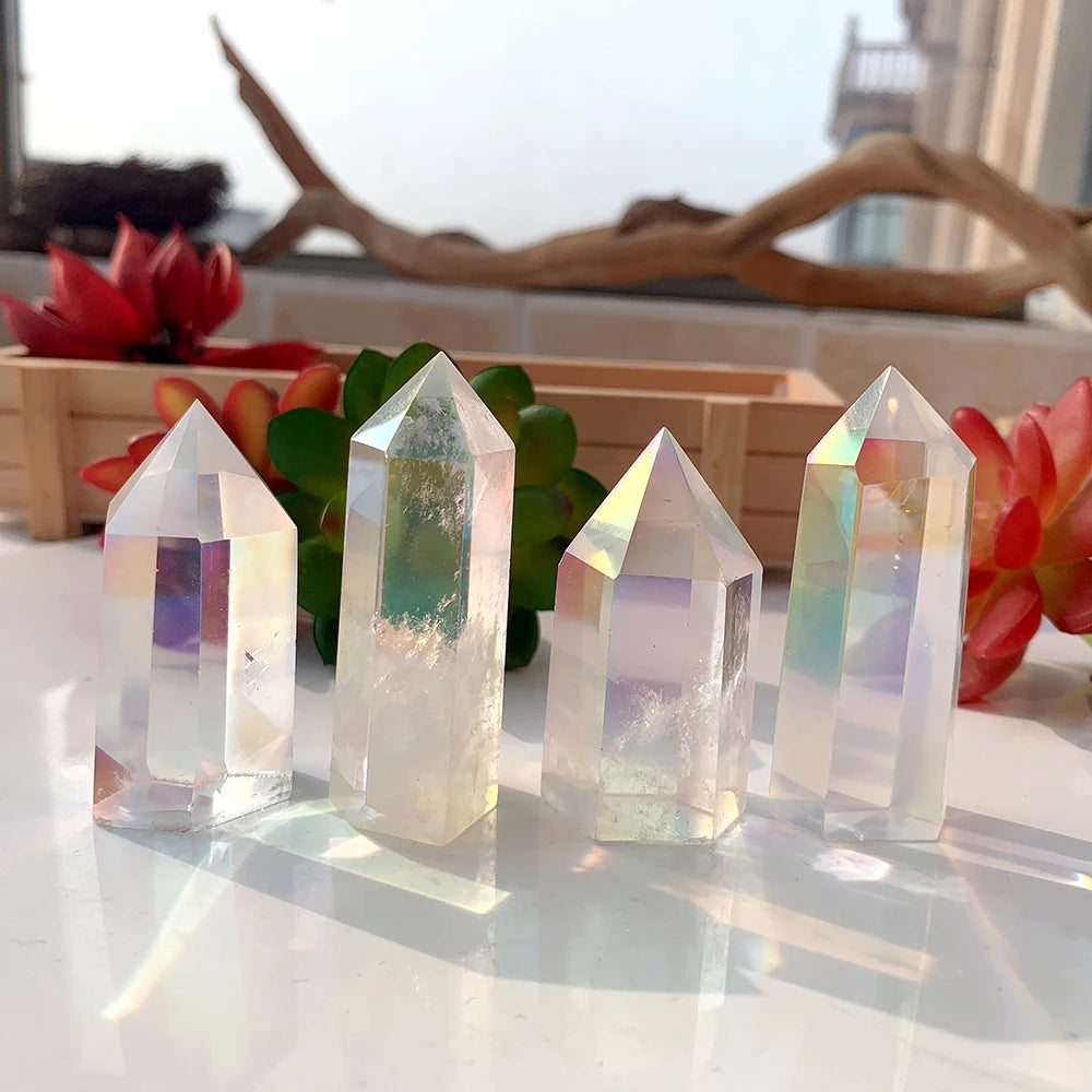 Angel Aura Gemstone Natural Clear Quartz Point Ornament Healing Decoration Energy Crystal Wand Christmas Gift