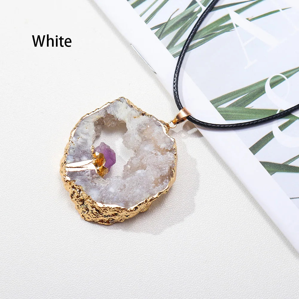 Colored crystal cluster agate cave Crystal cluster Amethyst Pendant Natural crystal energy gem jewelry Women's Necklace