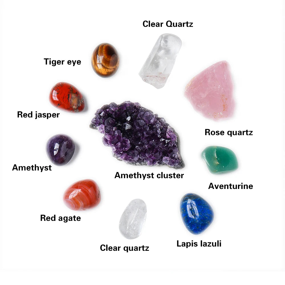 Drop shipping Natural Crystal 7 chakras Treatment Stone Amethyst cluster Collect Ore mark With Wooden Box