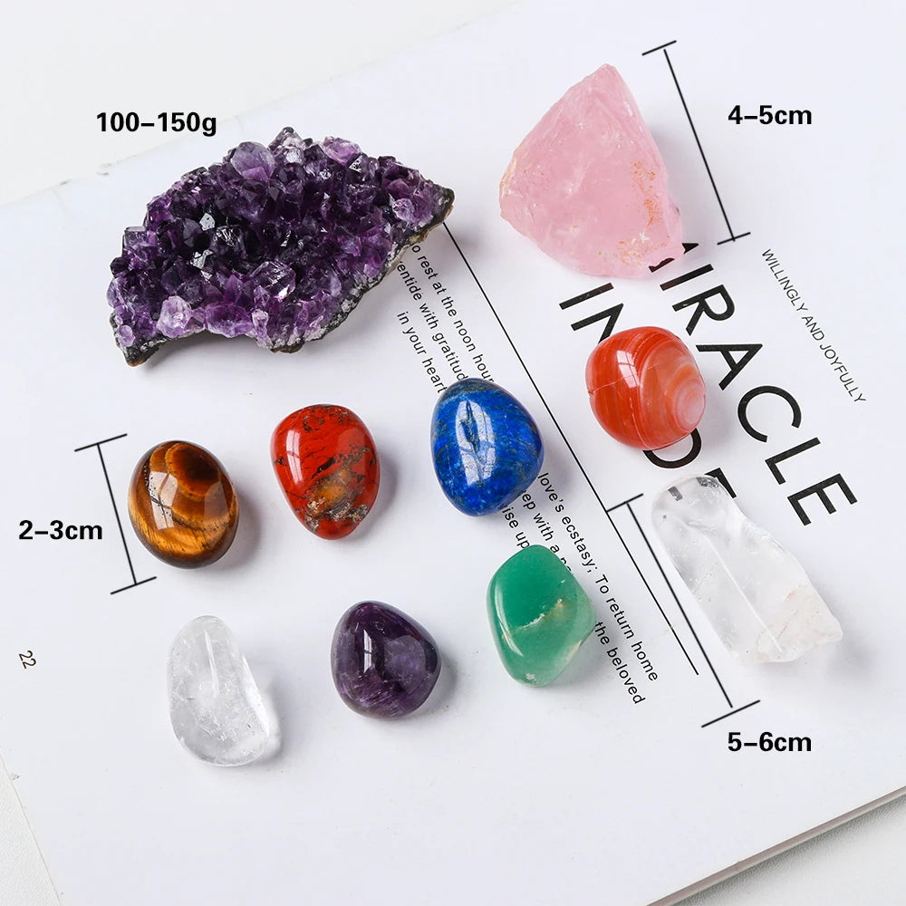 Drop shipping Natural Crystal 7 chakras Treatment Stone Amethyst cluster Collect Ore mark With Wooden Box