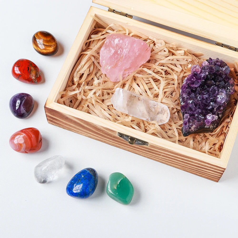 Drop shipping Natural Crystal 7 chakras Treatment Stone Amethyst cluster Collect Ore mark With Wooden Box