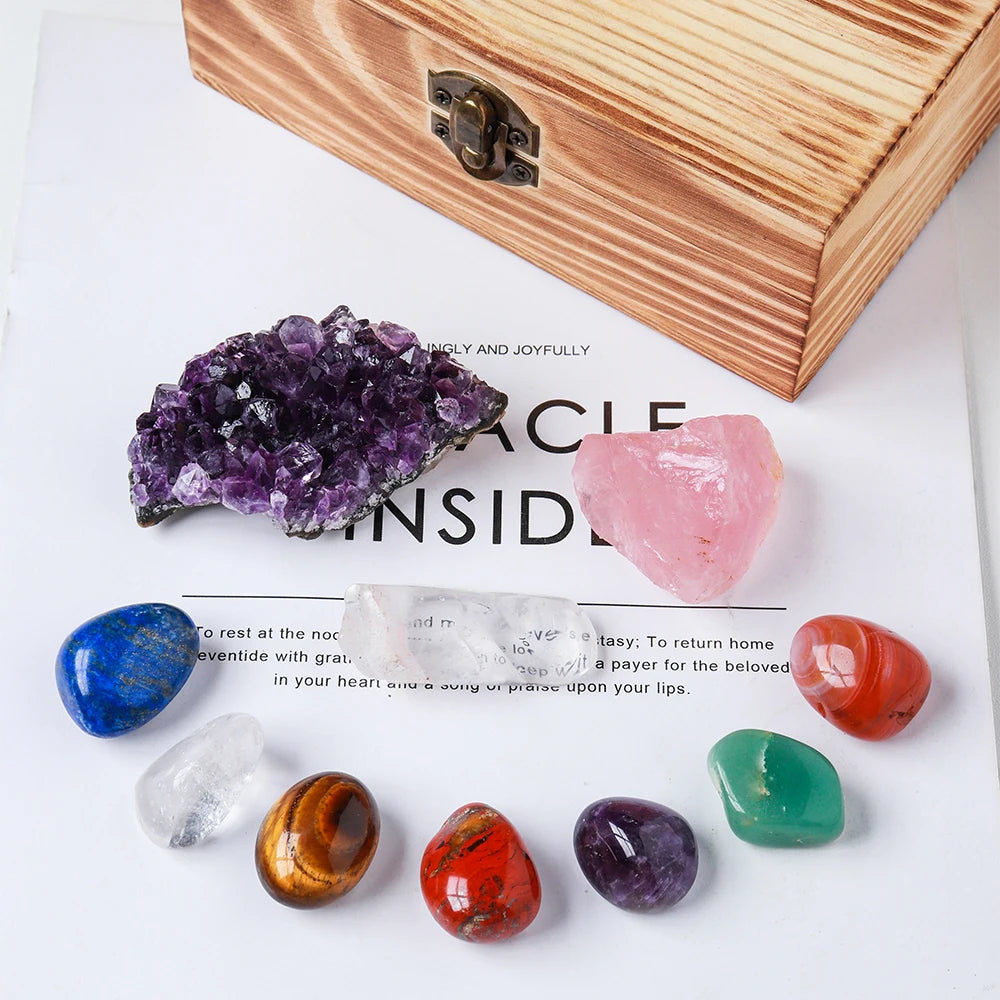 Drop shipping Natural Crystal 7 chakras Treatment Stone Amethyst cluster Collect Ore mark With Wooden Box