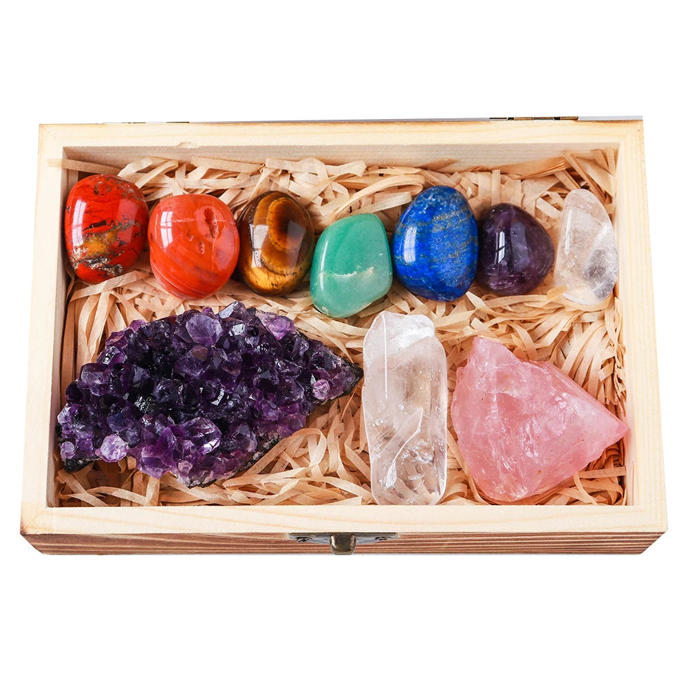 Drop shipping Natural Crystal 7 chakras Treatment Stone Amethyst cluster Collect Ore mark With Wooden Box