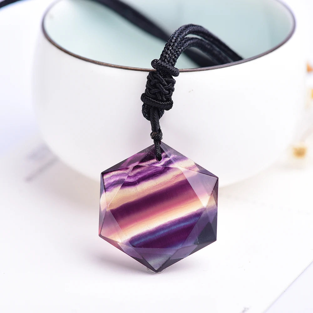 Exquisite gifts Natural Rainbow Fluorite Crystal stripe fluorite hexagram Star Pendant Fashion Necklace