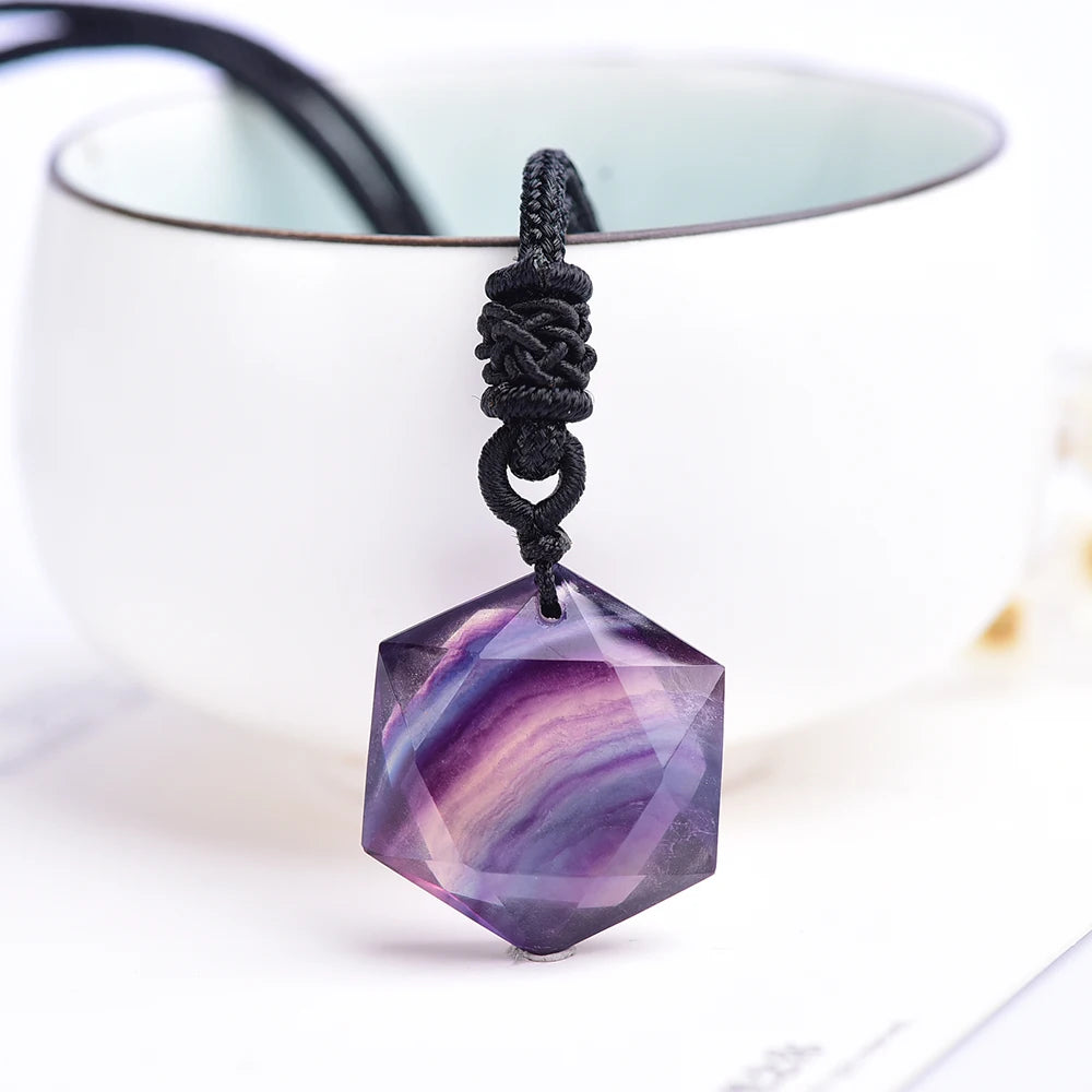 Exquisite gifts Natural Rainbow Fluorite Crystal stripe fluorite hexagram Star Pendant Fashion Necklace