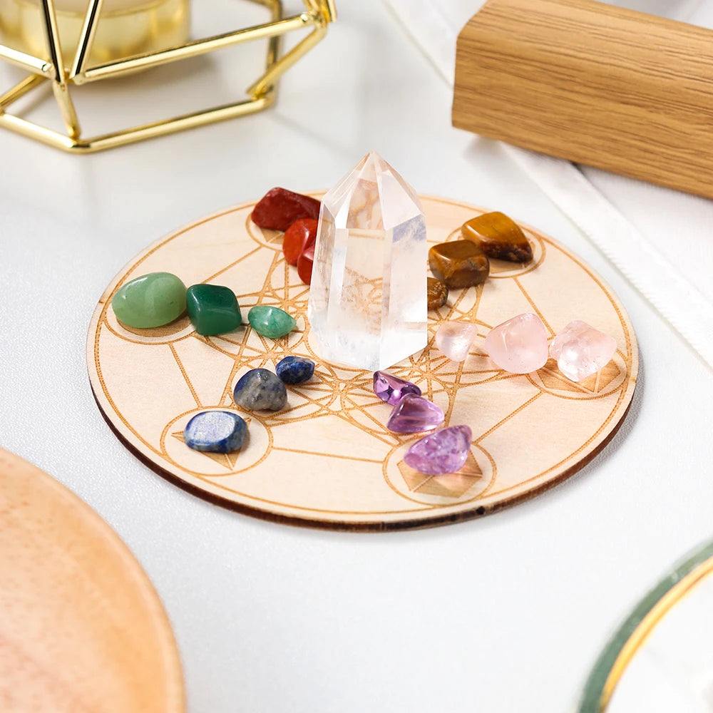 Natural Seven Chakra Crystal Gravel Yoga Wood Base Set Healing Gem Clear Quartz Energy Decoration