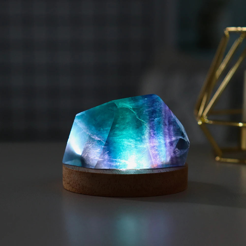 Natural Colorful striped fluorite Rainbow Fluorite irregular crystal gem Polyhedral geometry small night lamp ornament