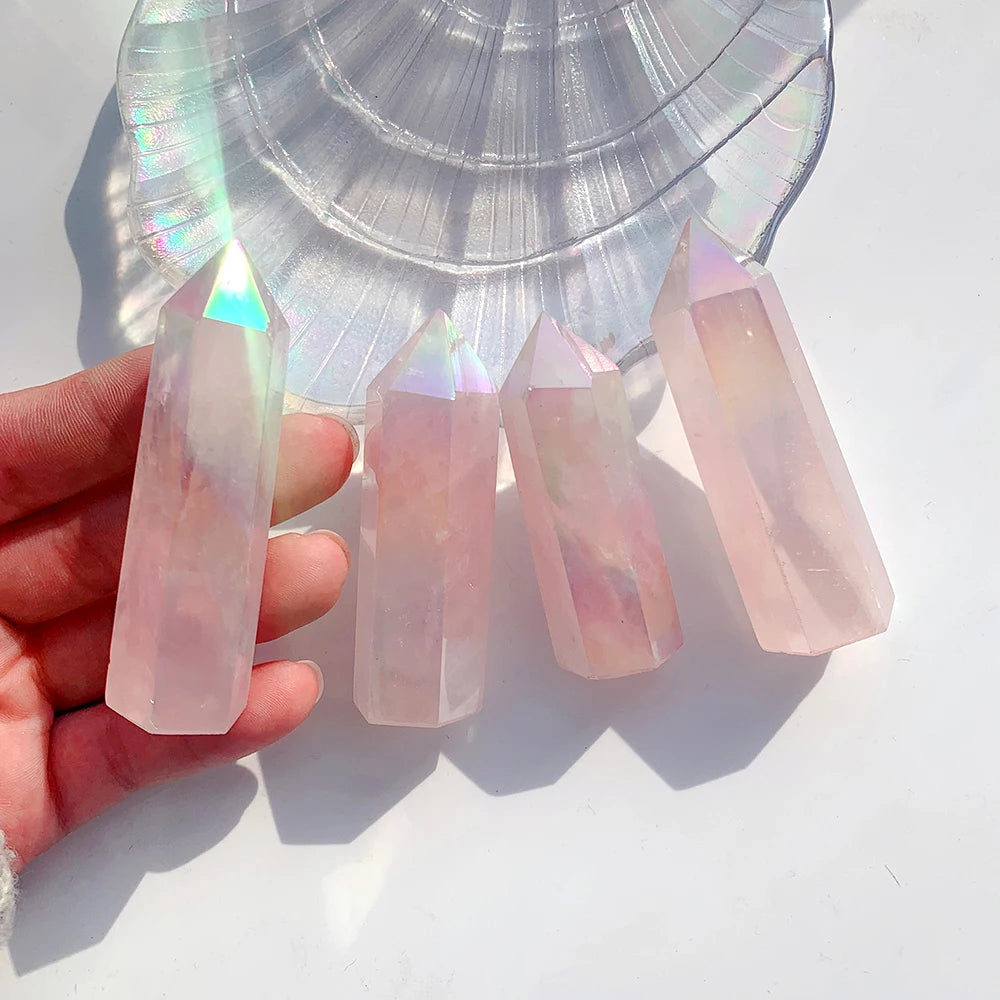 Buyde Natural Stones Crystal Point Wand Rose Quartz Healing Gem Electroplate Angel Aura Home Decoration