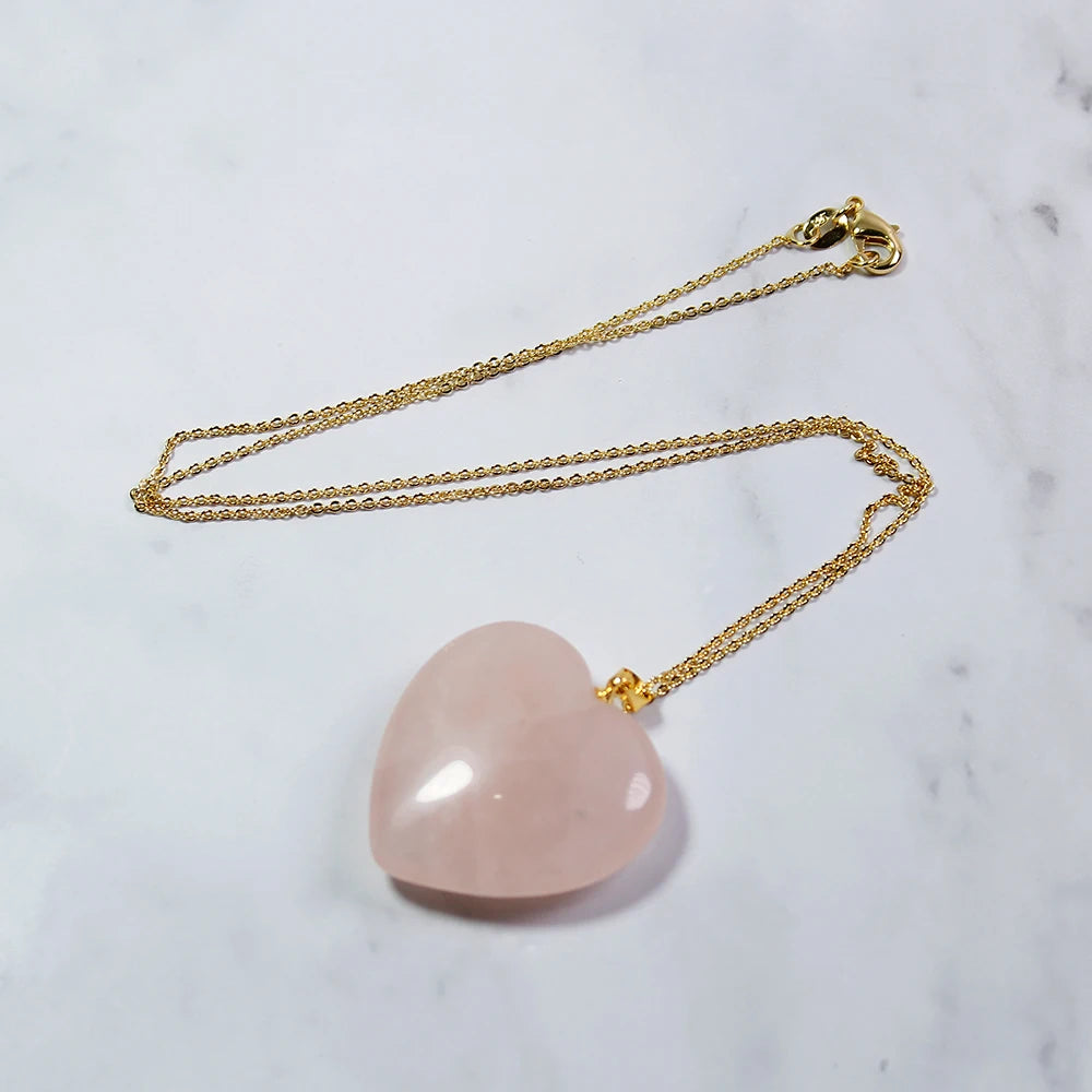 Buyde 1 pc   Natural Rose Quartzs GemStone Bead pink crystal Heart Gold Plated Reiki  stone Chakra Pendant Necklace