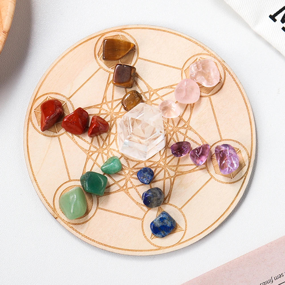 Natural Seven Chakra Crystal Gravel Yoga Wood Base Set Healing Gem Clear Quartz Energy Decoration