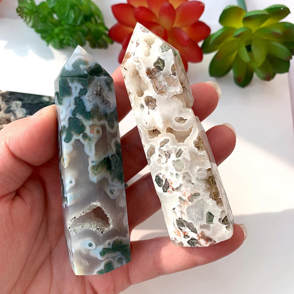 1PC Natural Crystal Hole Wand Green Water Grass Agate Point With Druzy Moss Jade Quartz Column Decorate