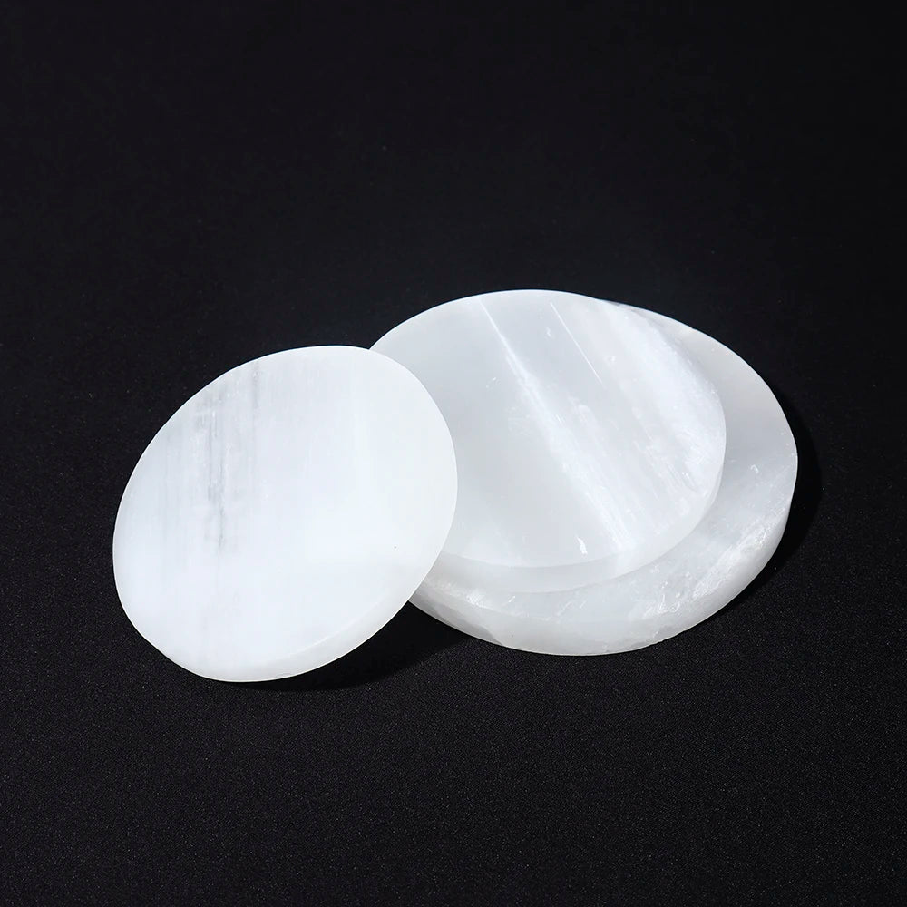 Natural Selenite Quartz Healing Crystal Charging Round Plate Carving Gypsum Minerals Specimen Reiki Home Decoration