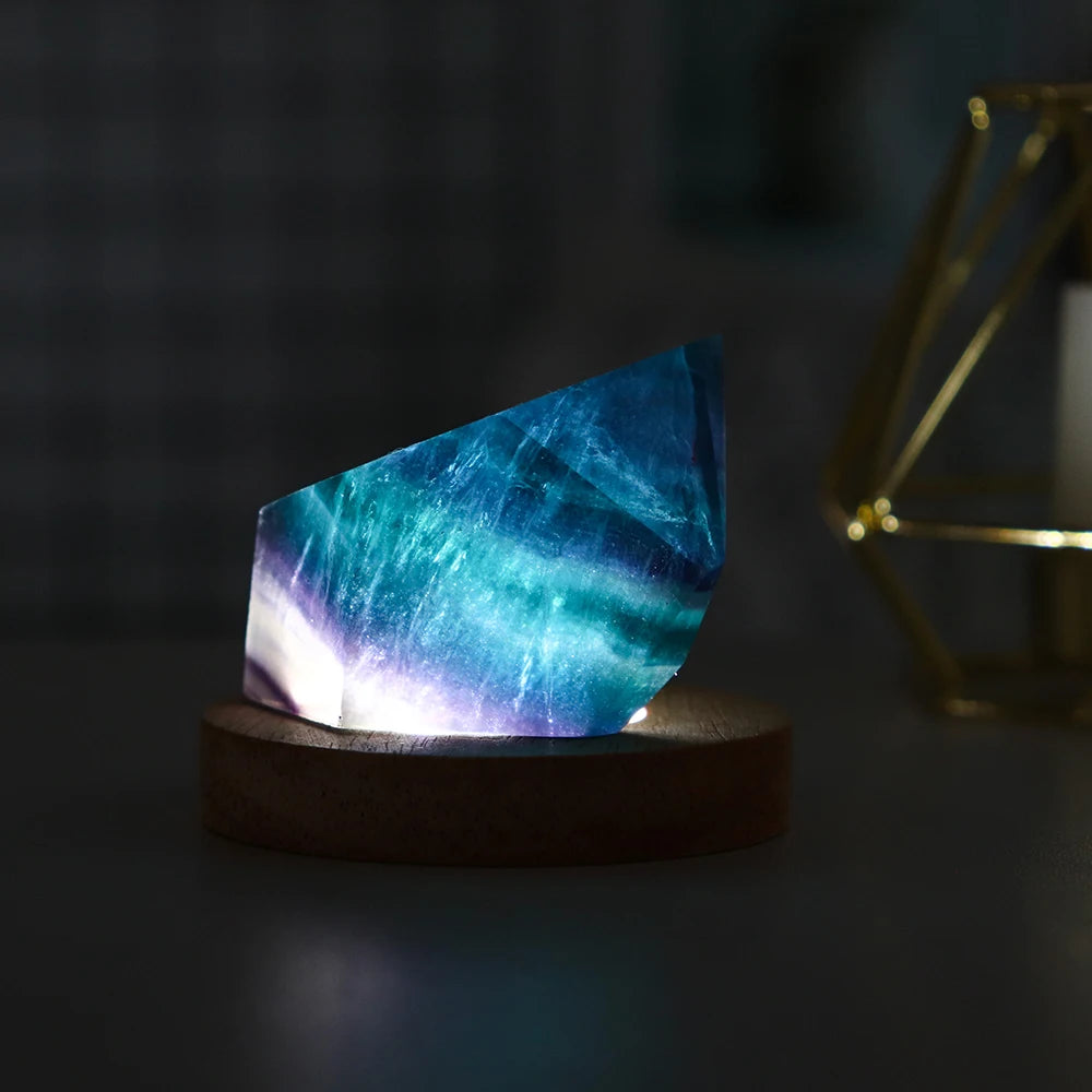 Natural Colorful striped fluorite Rainbow Fluorite irregular crystal gem Polyhedral geometry small night lamp ornament