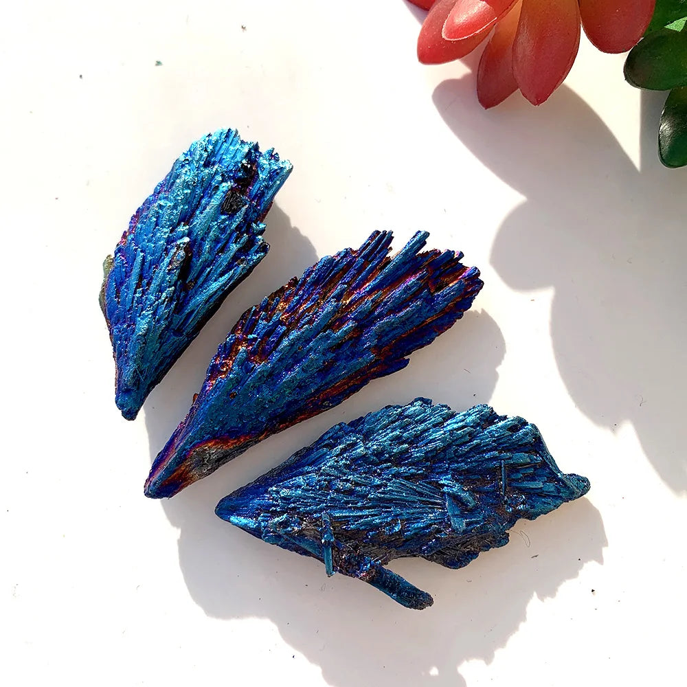 1PC Blue Feather Shaped Ore Natural Black Tourmaline Crystal stone marker Titanium Aura Quartz Gift Decor