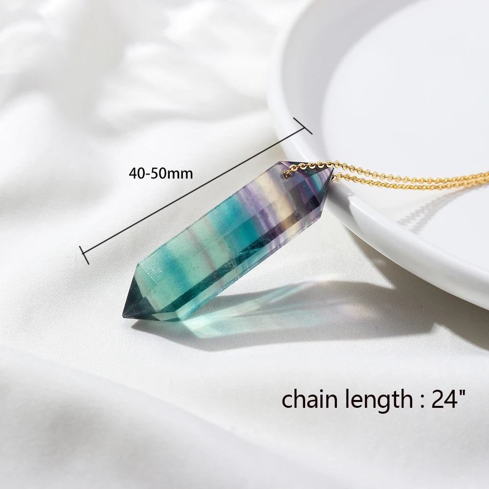 Natural Rainbow Fluorite Crystal Column Double Point Pendant Striped Fluorite Crystal Wand Reiky Gemstone Necklace Female Gift