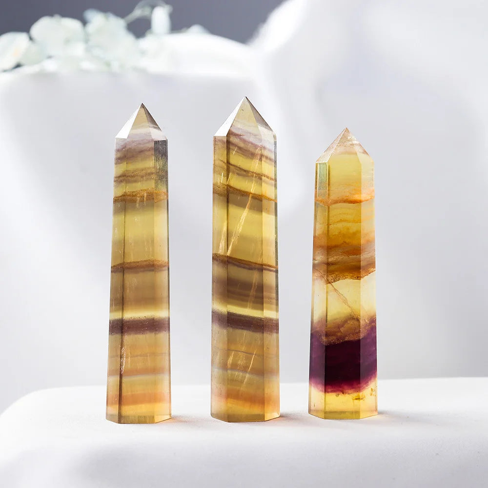 Natural Crystal Striped Fluorite Magic Point Health Energy Gem Hexagonal Ornament Yellow Fluorite Crystal column