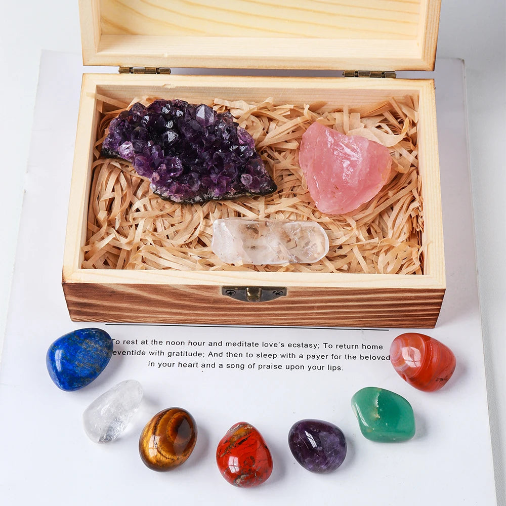 Drop shipping Natural Crystal 7 chakras Treatment Stone Amethyst cluster Collect Ore mark With Wooden Box