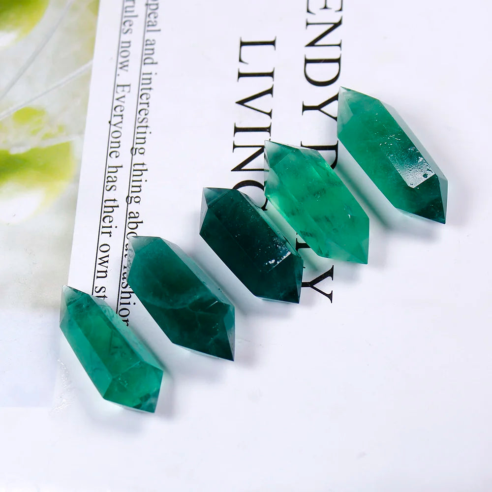 Buyde 1pcs 40-50mm Natural green fluorite crystal raw stone grinding double pointed crystal column Crystal craftwork