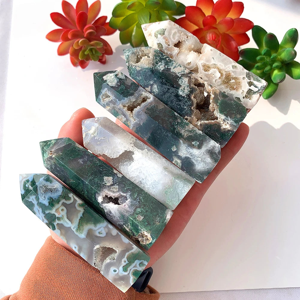 1PC Natural Crystal Hole Wand Green Water Grass Agate Point With Druzy Moss Jade Quartz Column Decorate