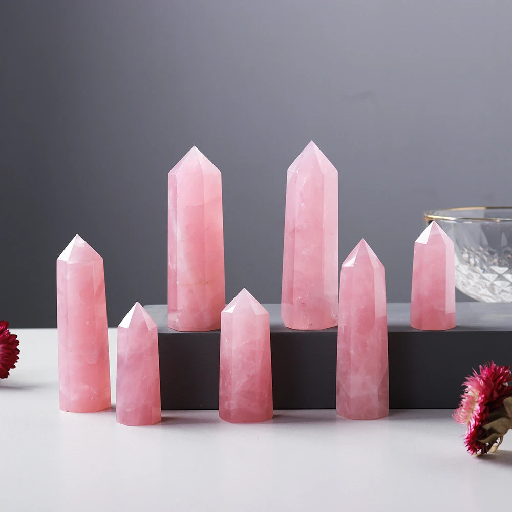 Natural Pink Crystal Point Rose Quartz Crystal hexagonal prism ornament magic wand Healing Gemstone Crystal Tower