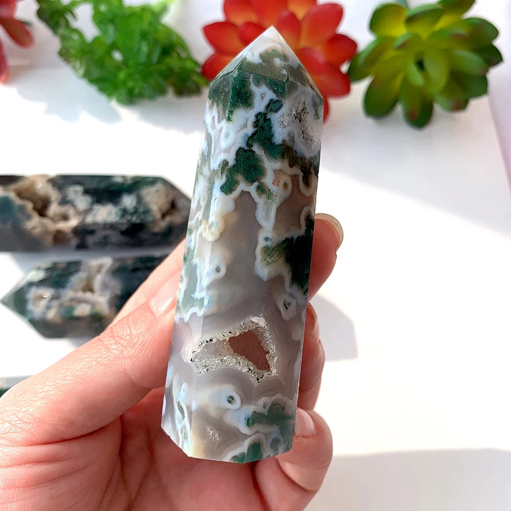 1PC Natural Crystal Hole Wand Green Water Grass Agate Point With Druzy Moss Jade Quartz Column Decorate