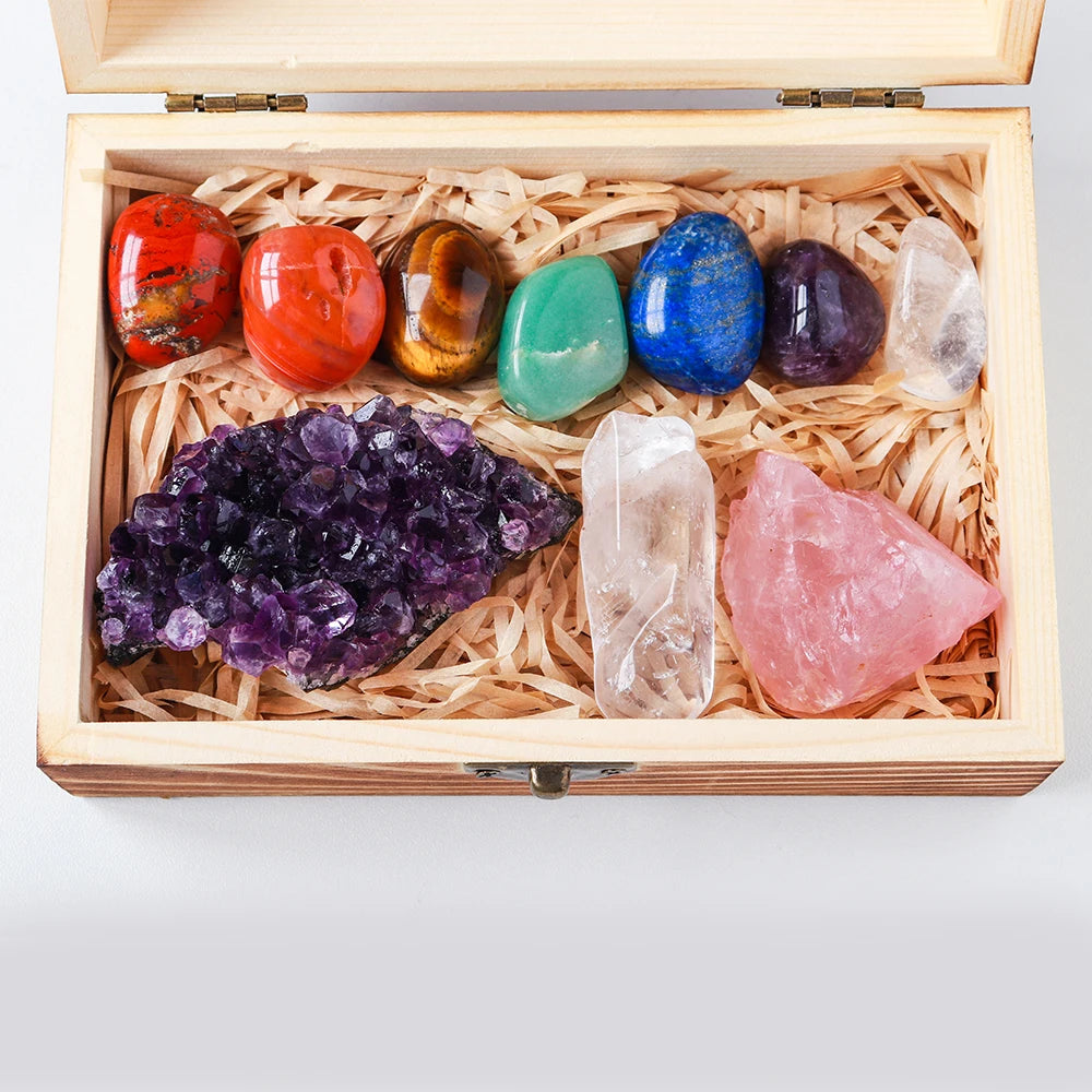 Drop shipping Natural Crystal 7 chakras Treatment Stone Amethyst cluster Collect Ore mark With Wooden Box