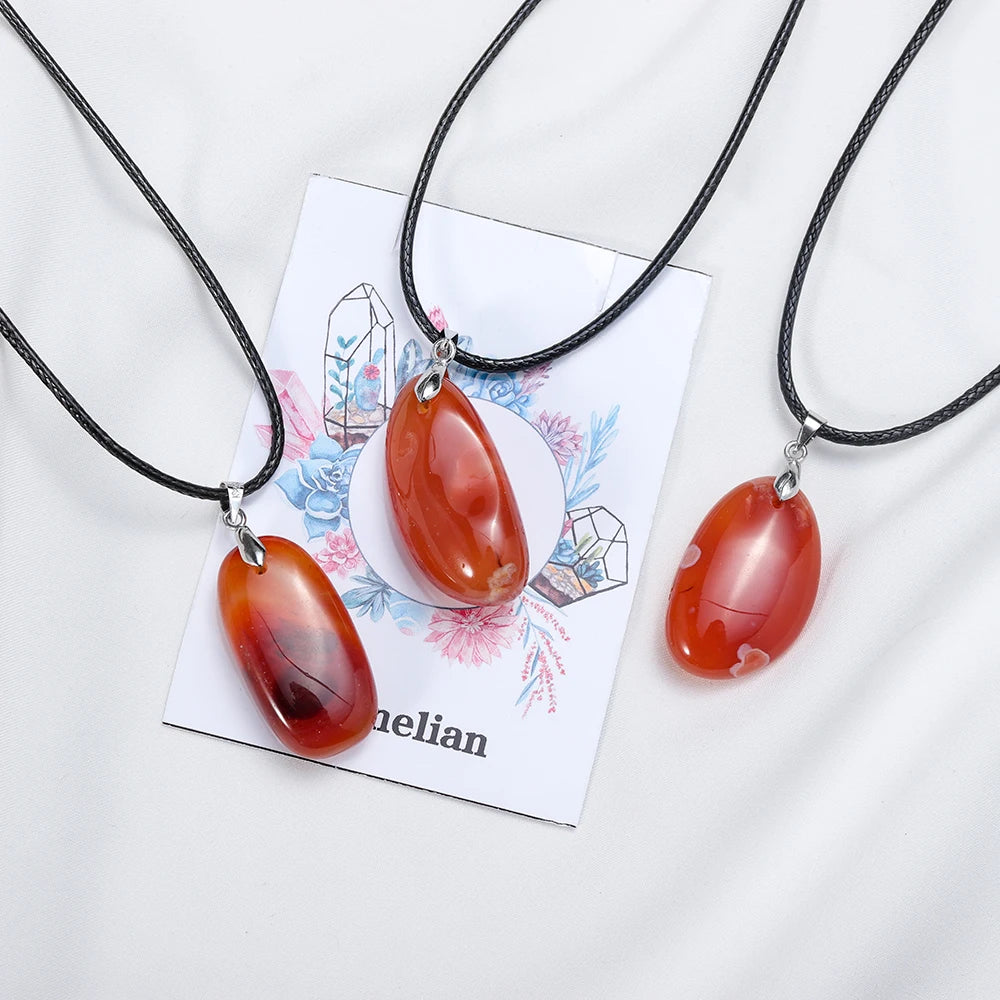 1pc Beautiful Natural Crystal Carnelian Pendant Reiki Red Agate Leather Rope Necklace DIY Jewelry Amulet Gift For Women