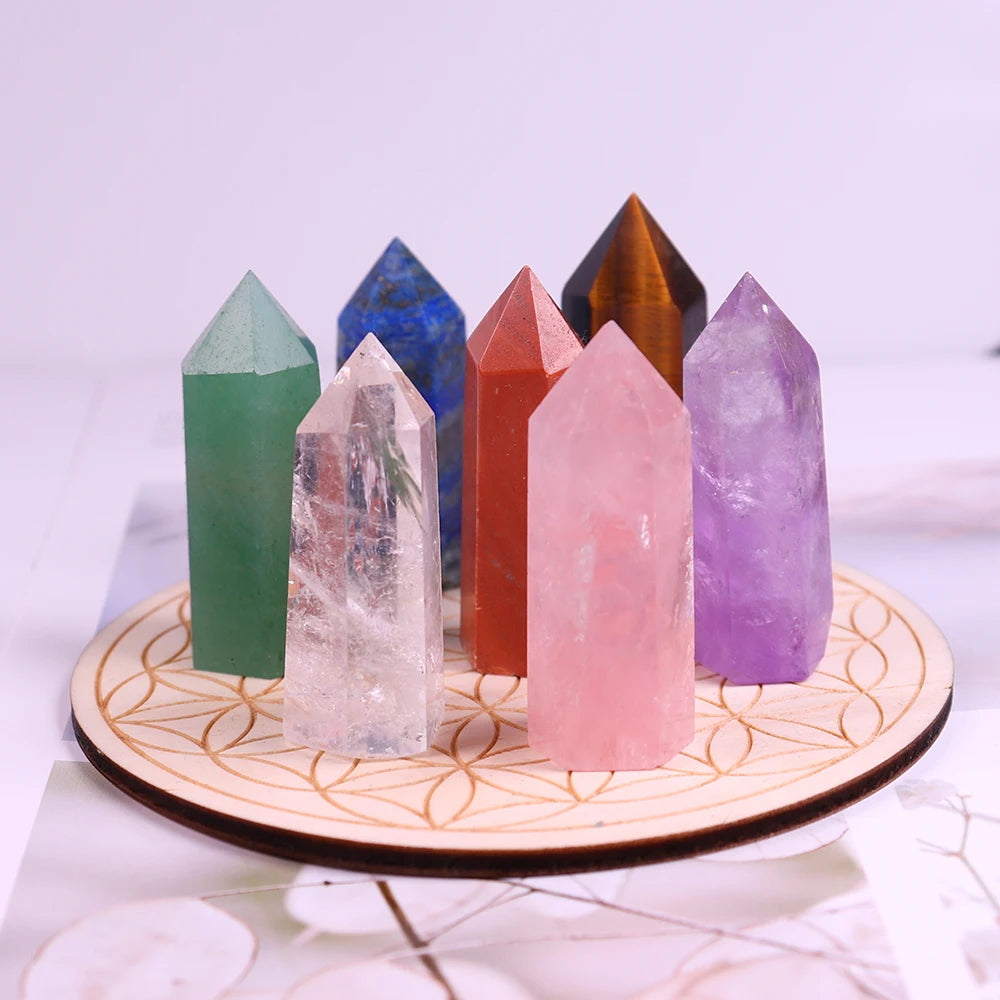 7pcs Natural crystal point stone seven Chakra magic wand Healing Stone with Wood base Mineral specimen collection gift box