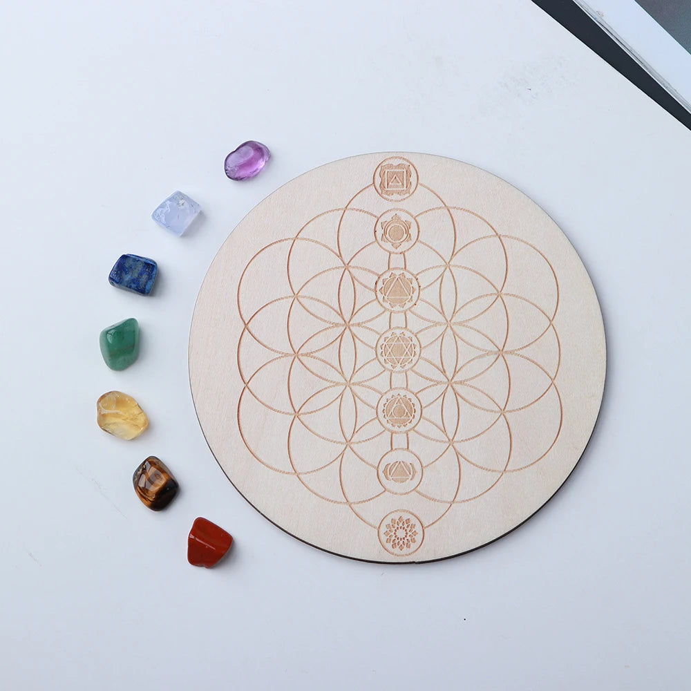 7pcs/set Natural Crystal seven Chakra Healing Stone with Wooden base Wood Plate crystal Gravel Chips Chakra Diy Custom made