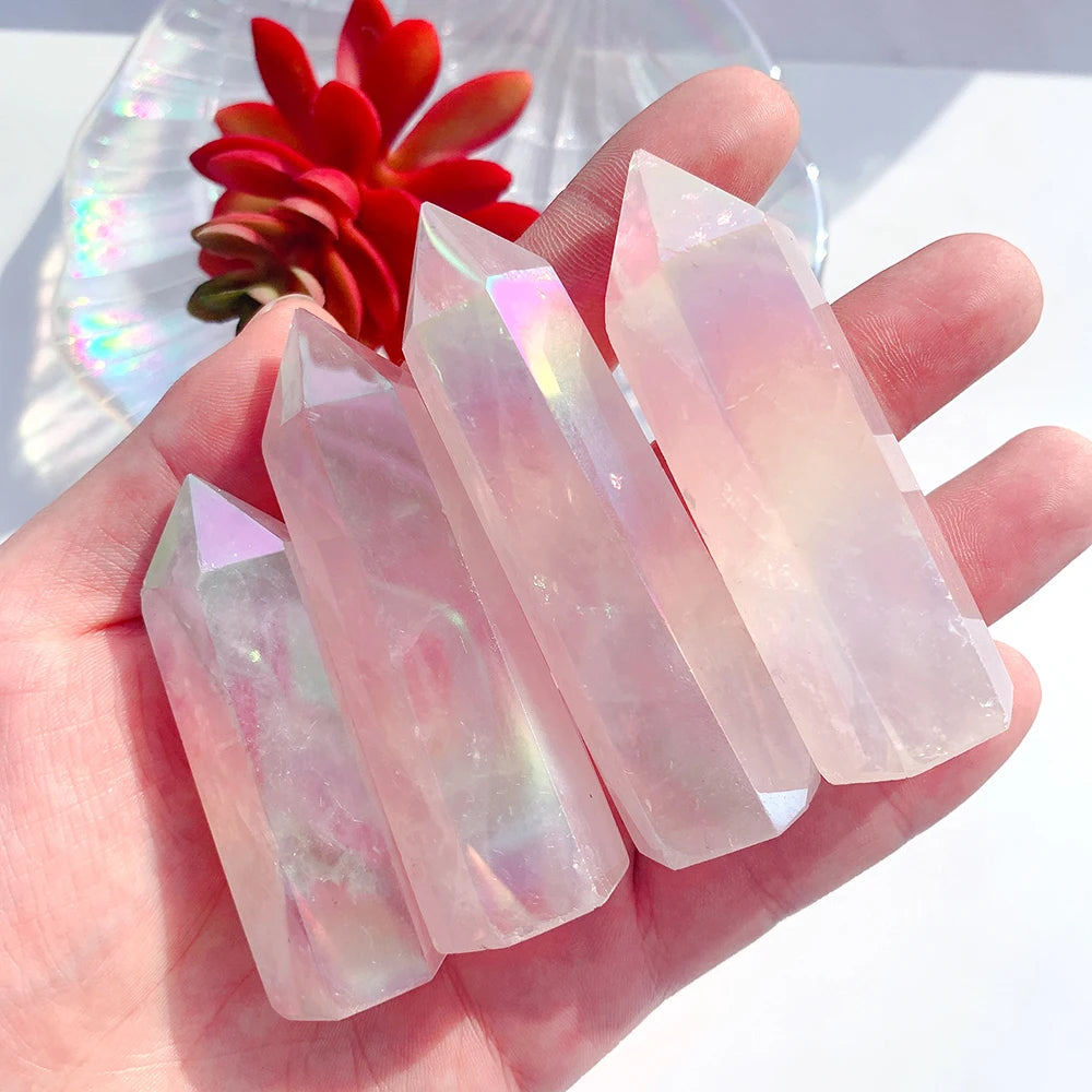 Buyde Natural Stones Crystal Point Wand Rose Quartz Healing Gem Electroplate Angel Aura Home Decoration