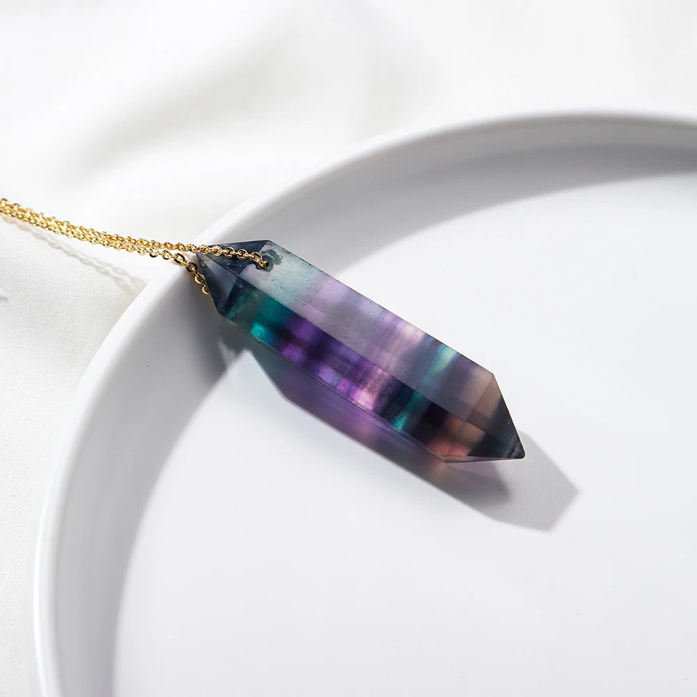 Natural Rainbow Fluorite Crystal Column Double Point Pendant Striped Fluorite Crystal Wand Reiky Gemstone Necklace Female Gift