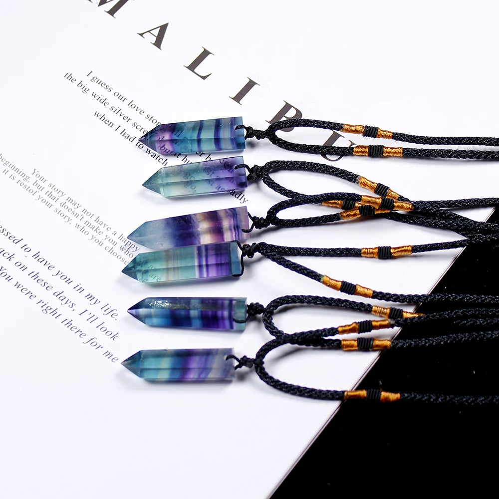 1pc Natural Crystal Rainbow Fluorite single point hexagonal prism Pendant Stripe crystal fluorite Necklace health energy stone