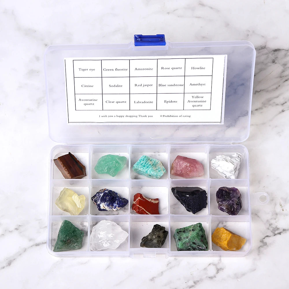 15 kinds of Natural Crystal Stone Raw Mineral Specimens Irregular Rock Crystal Collection Research and Teaching Home Decor