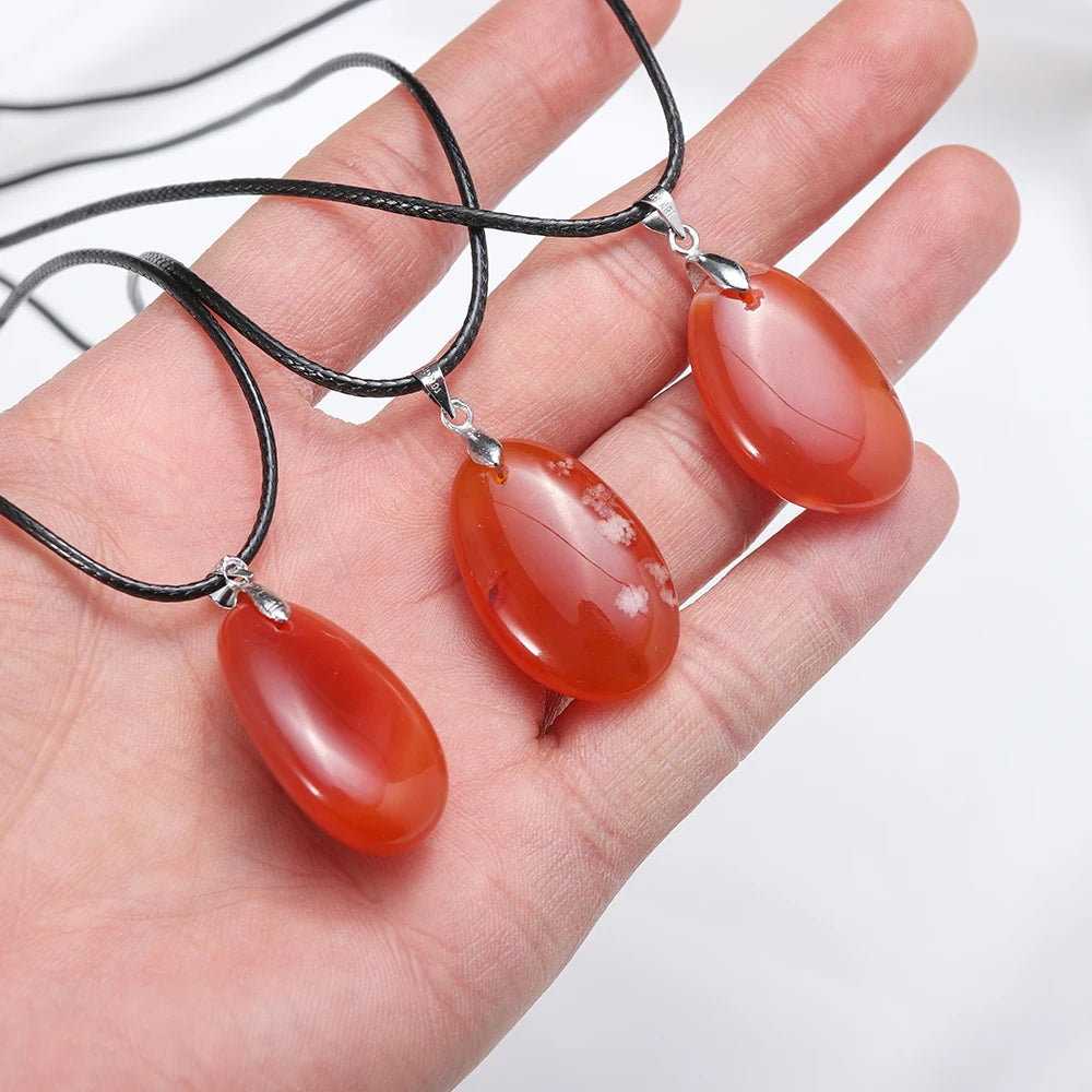 1pc Beautiful Natural Crystal Carnelian Pendant Reiki Red Agate Leather Rope Necklace DIY Jewelry Amulet Gift For Women