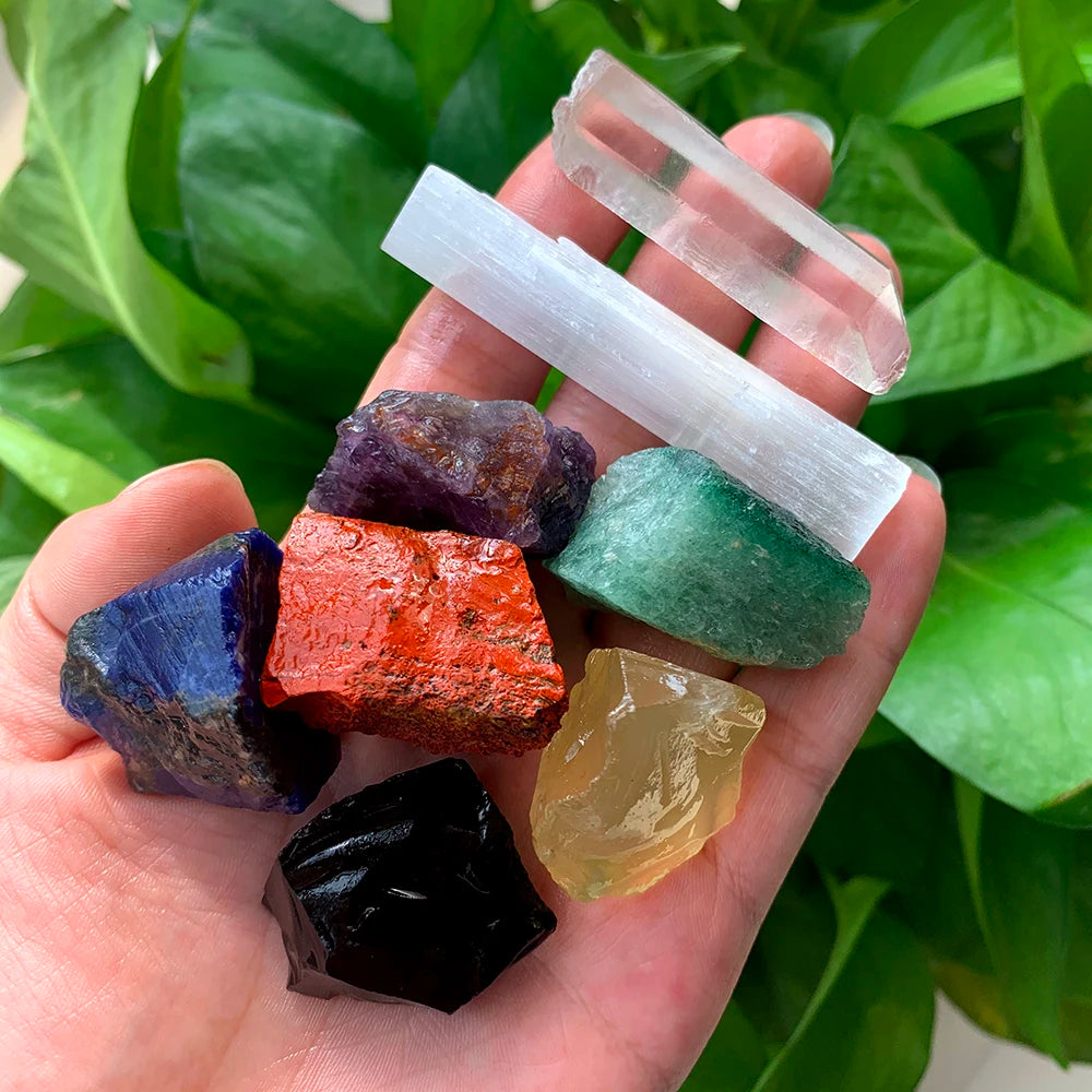 Buyde 1set Natural crystal stone seven chakras  large grain unpolished collection gift DIY ore standard combination