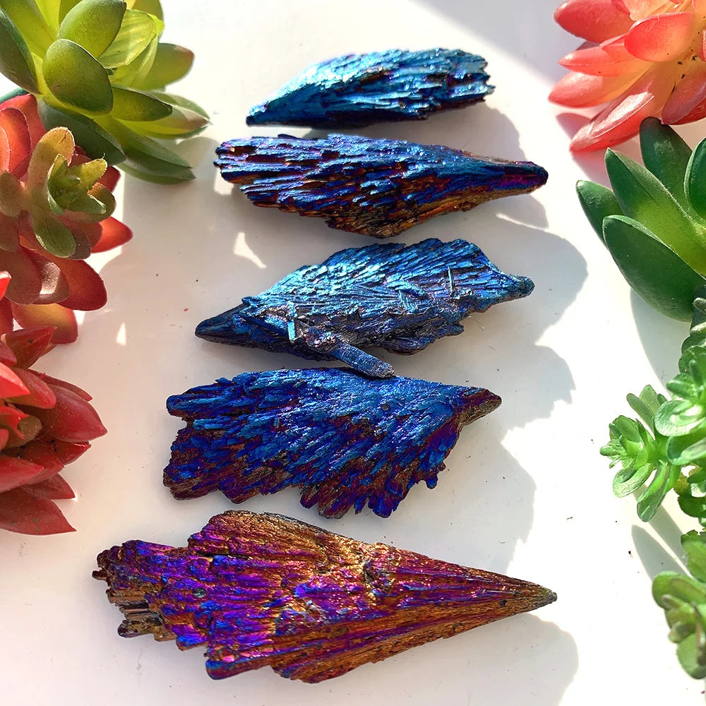 1PC Blue Feather Shaped Ore Natural Black Tourmaline Crystal stone marker Titanium Aura Quartz Gift Decor